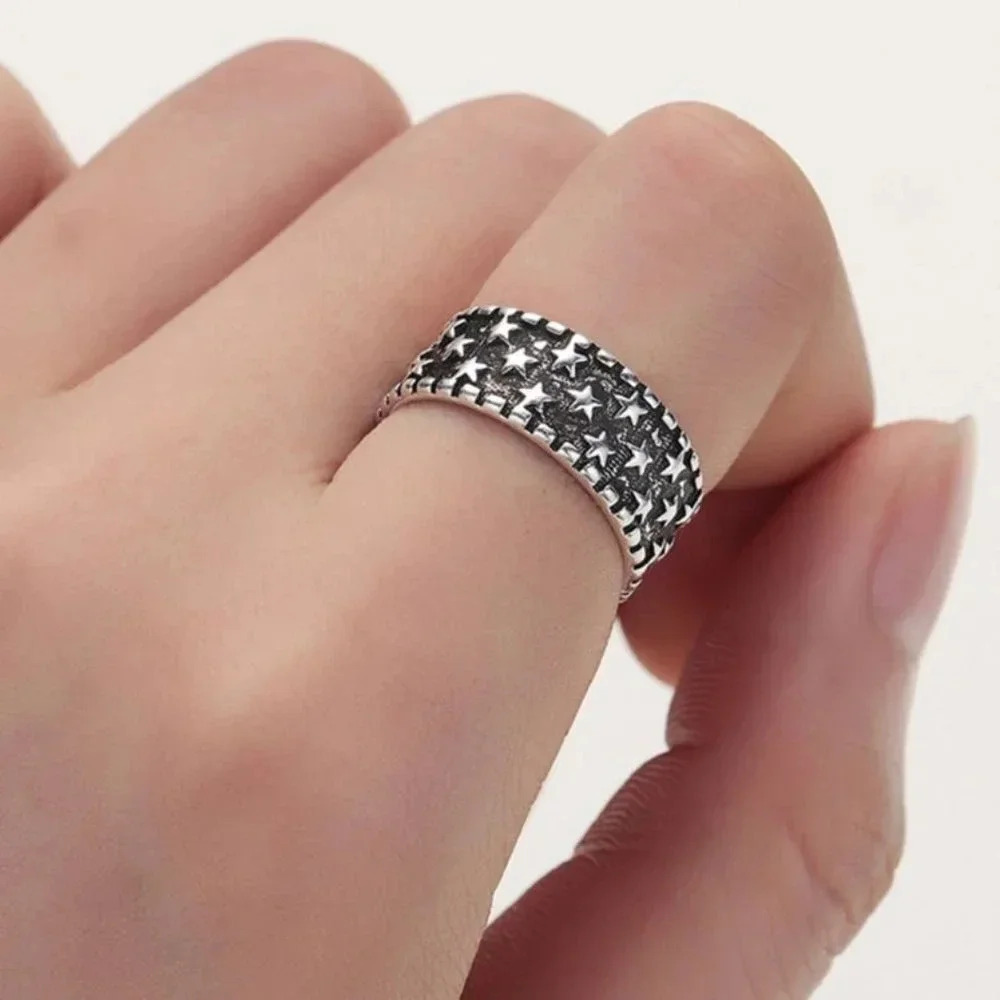 Minimalist 925 Sterling Silver Black Star Ring Engraved Star Ring Band